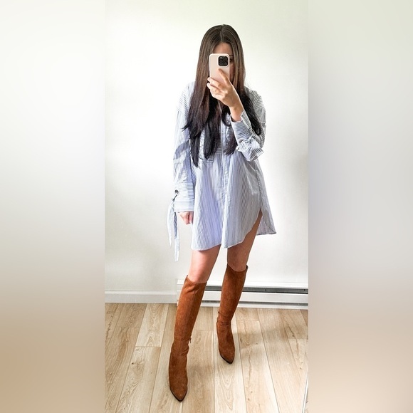 Halogen Blue White Stripe Button Down Tunic Shirt Dress sz 1 - Picture 3 of 12